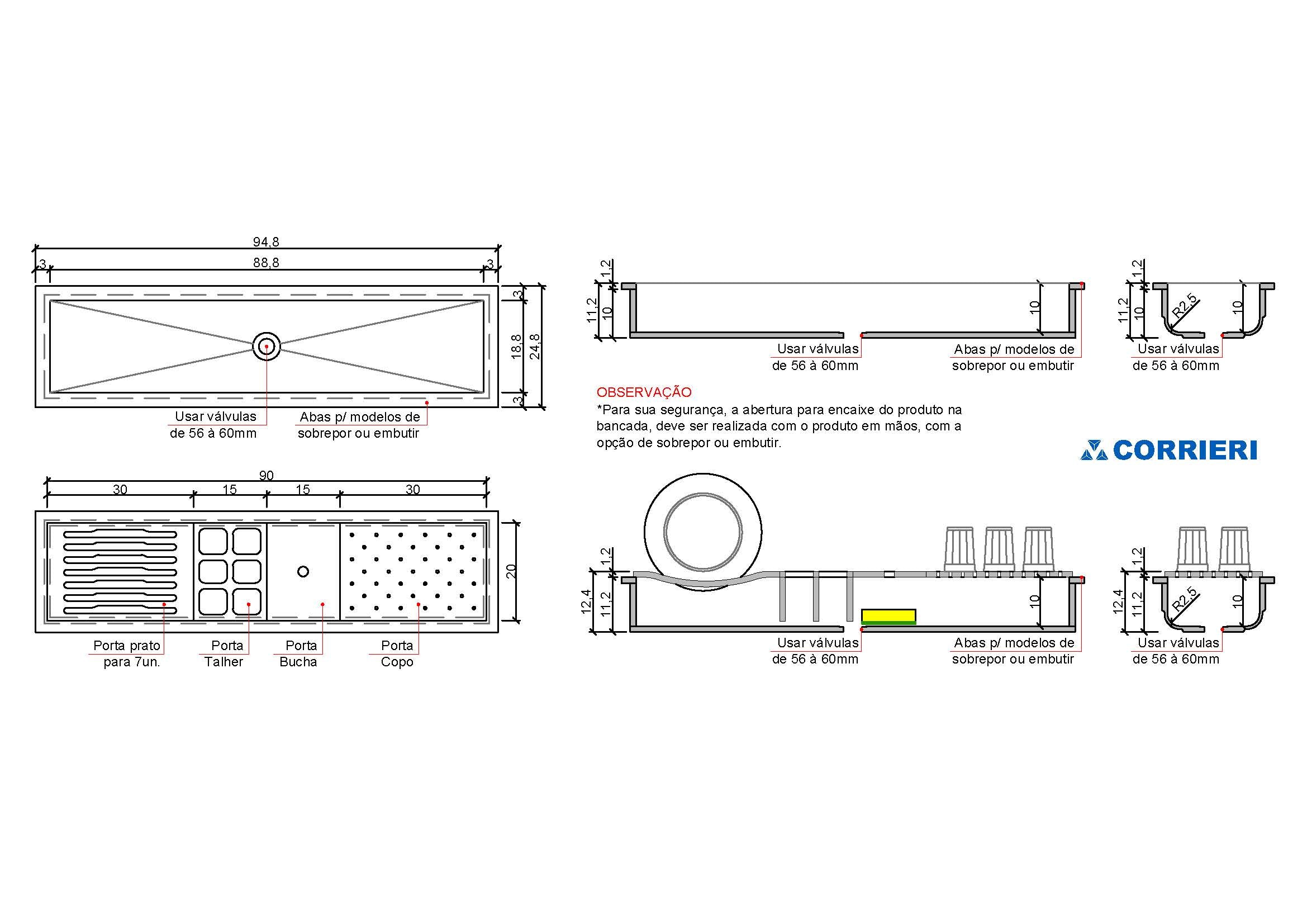 Calha Úmida em SSM Corian - 90cm - Corrieri Brasil