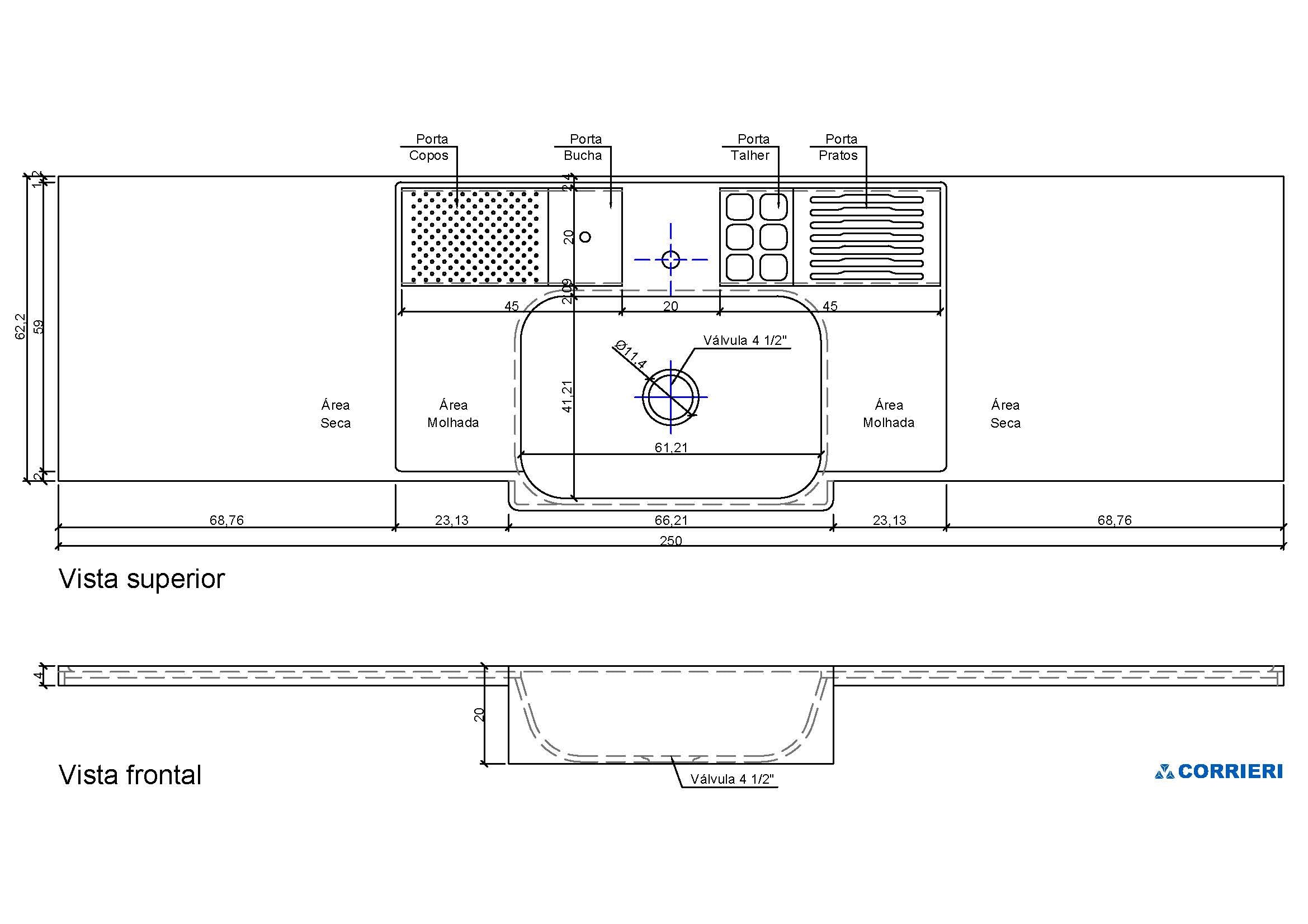 Bancada para Cozinha em SSM Corian - 250cm - Corrieri Brasil