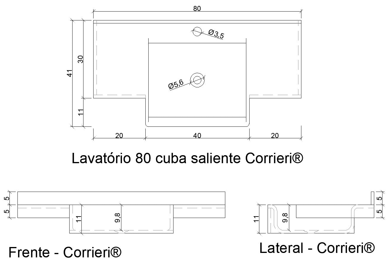 Lavatório 80cm em SSM Corian - Corrieri Brasil