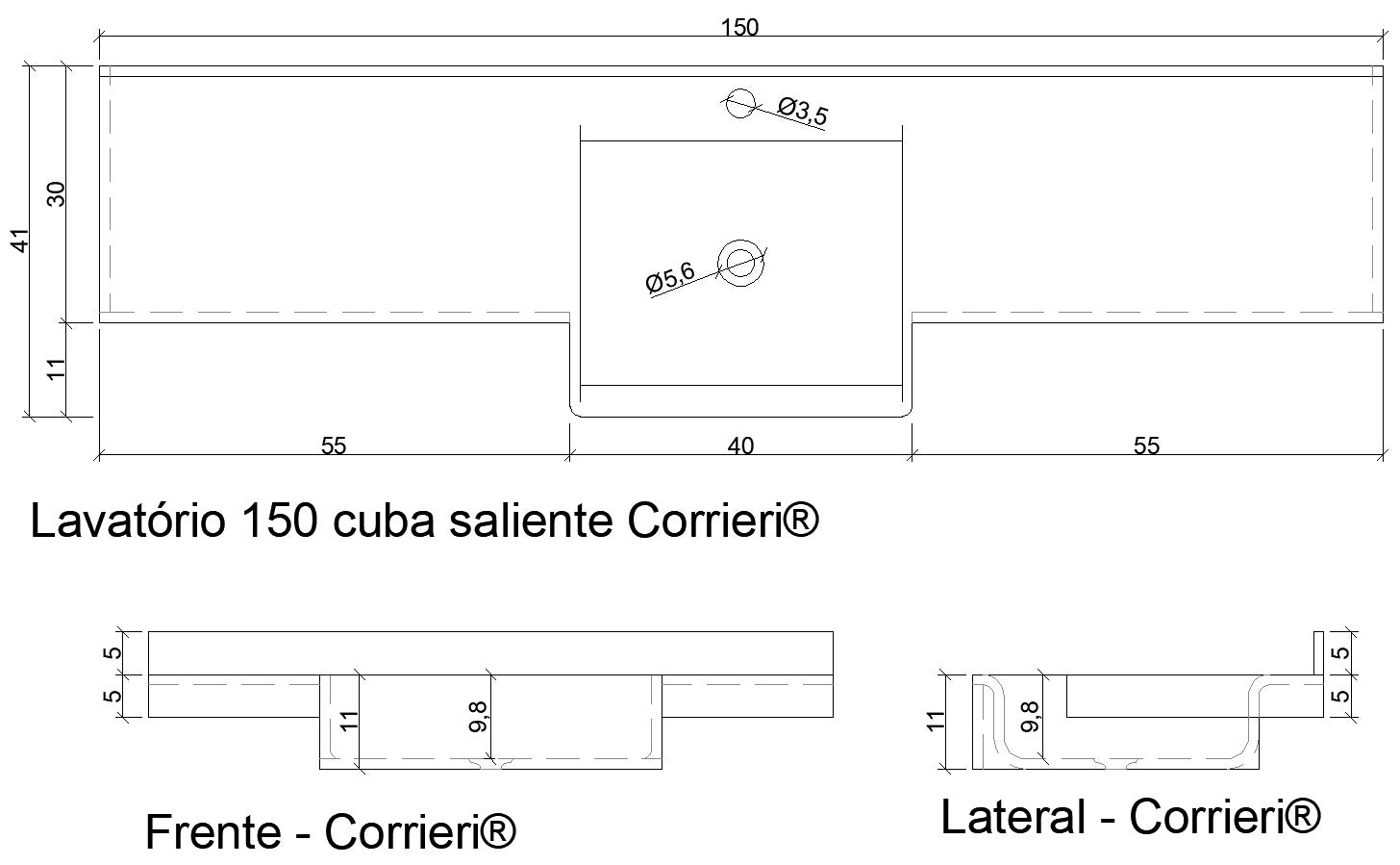 Lavatório 80cm em SSM Corian - Corrieri Brasil