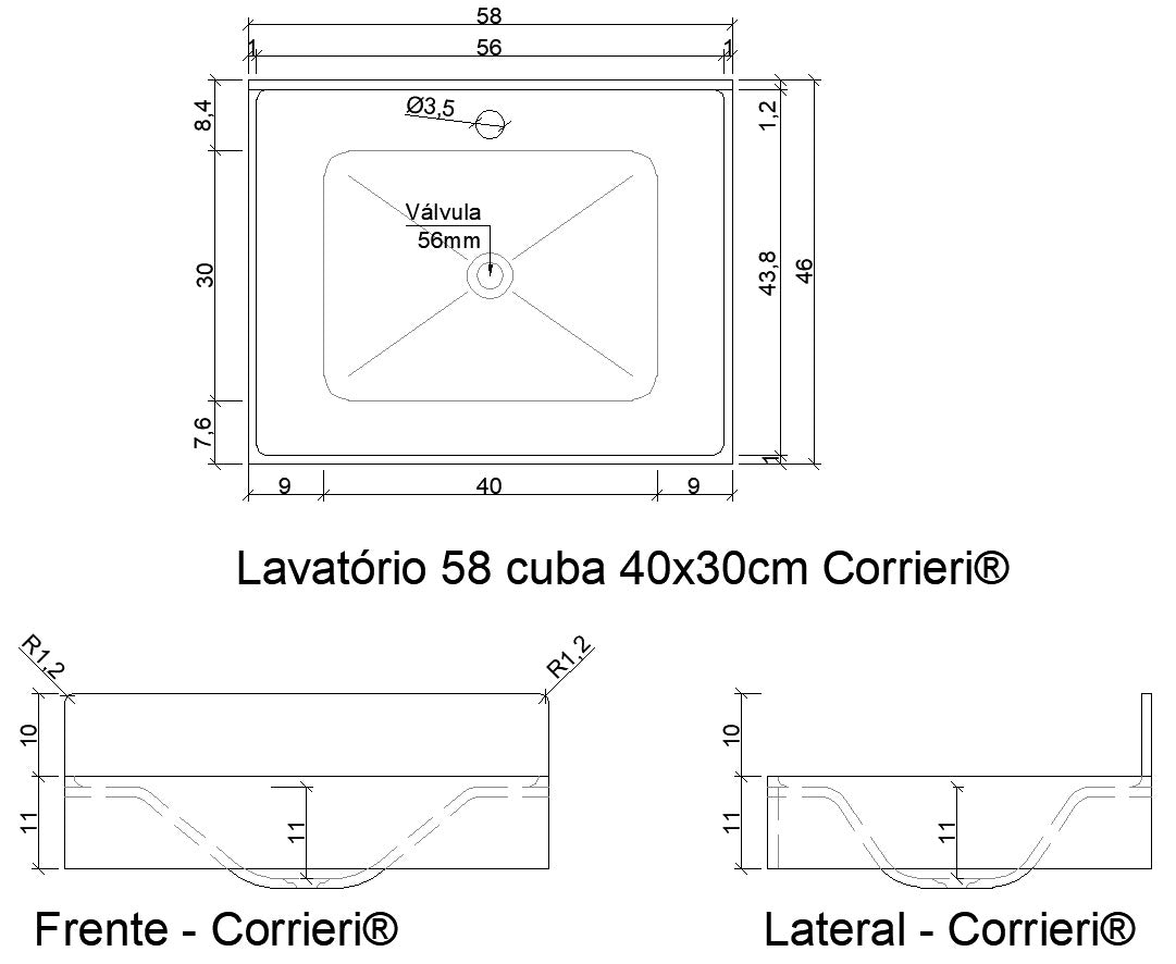 Lavatório 58cm em SSM Corian - Corrieri Brasil