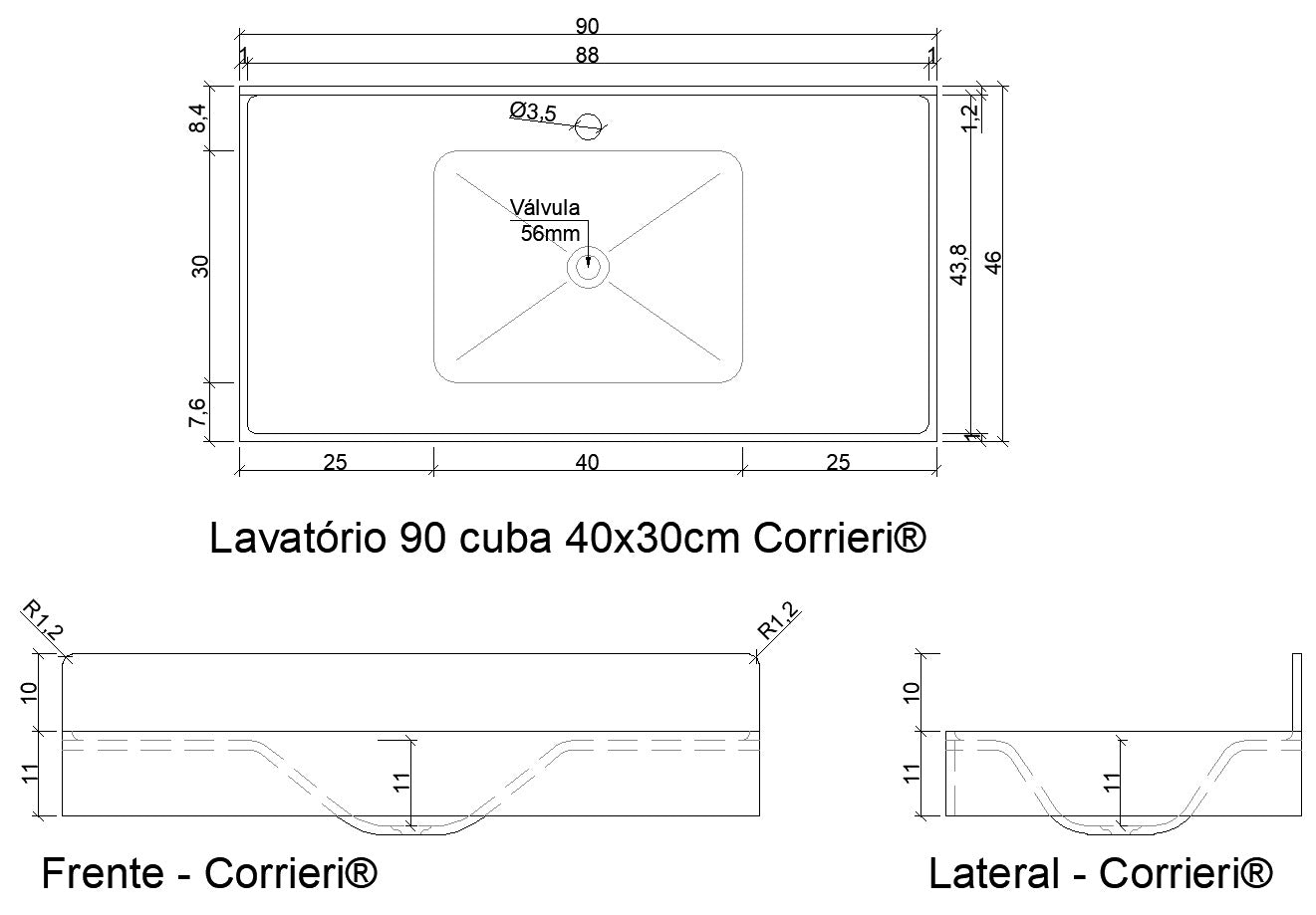 Lavatório 58cm em SSM Corian - Corrieri Brasil