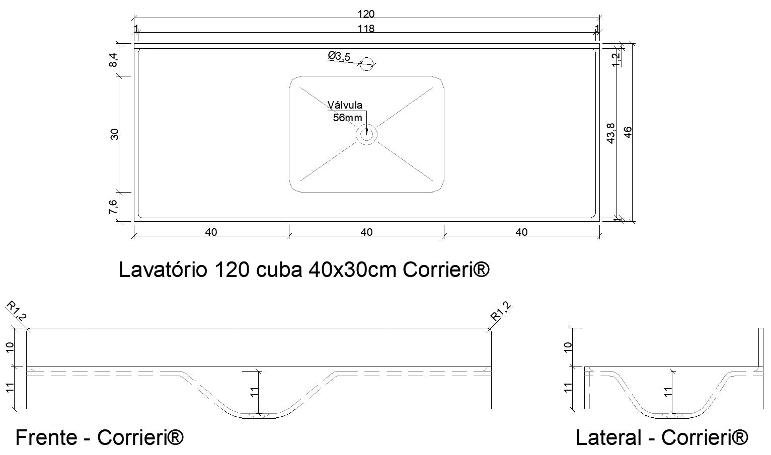 Lavatório 58cm em SSM Corian - Corrieri Brasil