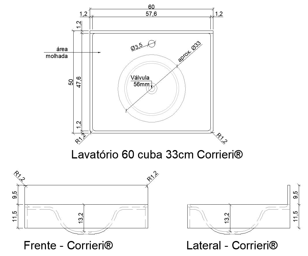 Lavatório 60cm em SSM Corian - Corrieri Brasil