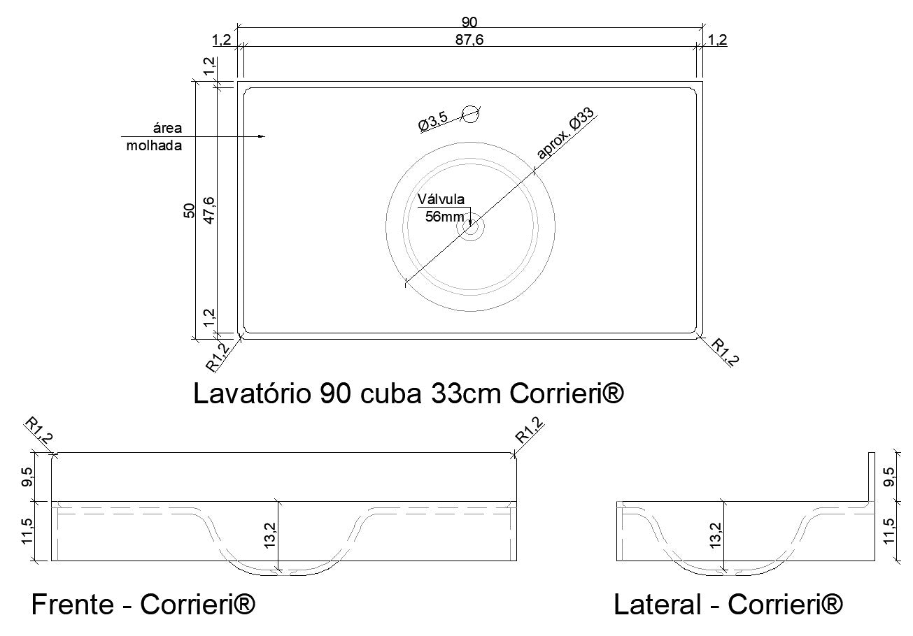 Lavatório 60cm em SSM Corian - Corrieri Brasil