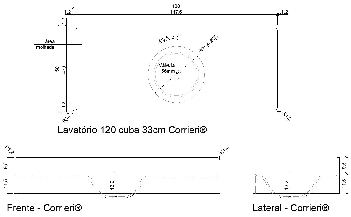 Lavatório 60cm em SSM Corian - Corrieri Brasil