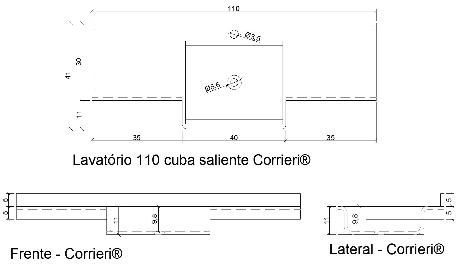 Lavatório 80cm em SSM Corian - Corrieri Brasil